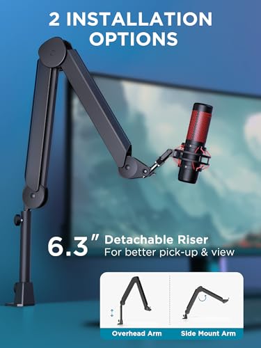 InnoGear Mic Boom Arm, Microphone Stand with Cable Management Channels Height Riser for Blue Yeti FIFINE AM8 K669B HyperX QuadCast S SoloCast AT2020 Shure SM7B MV7 and Other Mics - color: Black, style: Extended Clamp