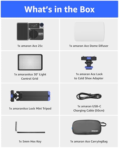 amaran Ace 25c Kit RGB Pocket LED Light,Boost Mode to 32W Mini On Camera Video Light,2300K~10000K Support Magnetic Attraction and App Control with Carrying Case,Mini Tripod,Grid (Silver) | 2300-10000K, Magnetic Mount, Amaran App Control, Carry Case, Tripo