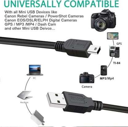 SCOVEE Camera USB Cable Cord for Canon Rebel/PowerShot/EOS/DSLR/ELPH Digital Cameras,Transfer Wire Data Cable for Canon Rebel Camcorder,Vixia PC Computer Interface Replacement 6FT Mini B USB (3ft) - size: 3ft