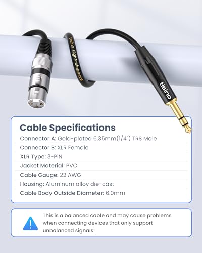 Tisino Female XLR to 1/4'' TRS Microphone Cable, 6.35mm Stereo Jack to 3-pin XLR Female Balanced Interconnect Micphone Cable - 6.6FT - size: 2m/6.6ft