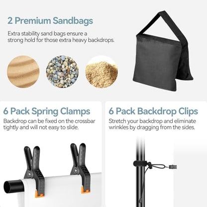7x10 FT Photography Background Support System, Adjustable Photo Video Studio Backdop Stand Kit with 3 Polyster Background (Black, White, Green), Spring Clamps, Sandbags and Carry Bag - color: Green, Black, White