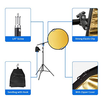 Selens Photography Reflector Holder Stand Kit, 32in / 80cm 5-in-1 Collapsible Light Reflectors with Swivel Boom Arm Stand and Sandbag for Photo Video Studio Lighting