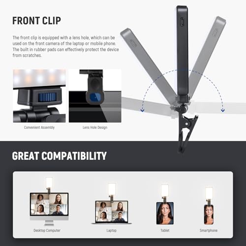 NEEWER Basics LED Selfie Phone Light, Rechargeable 2500-9000K Clip On Fill Light, Color Films/Diffuser/3000mAh, CRI95+ Dimmable Video Conference Lighting for iPhone Camera Laptop Zoom Call, BL120B