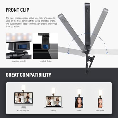 NEEWER Basics LED Selfie Phone Light, Rechargeable 2500-9000K Clip On Fill Light, Color Films/Diffuser/3000mAh, CRI95+ Dimmable Video Conference Lighting for iPhone Camera Laptop Zoom Call, BL120B