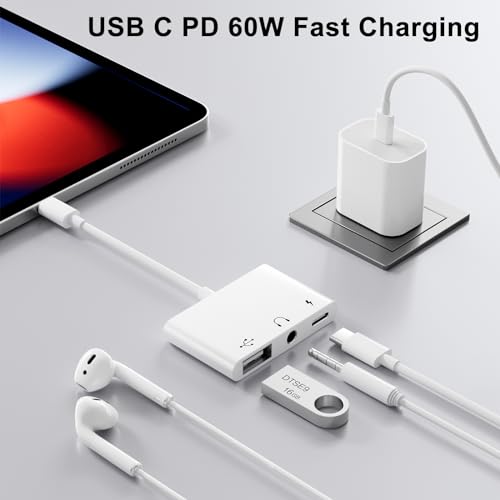 USB C to USB Adapter with 3.5mm Headphone Jack and 60W PD Fast Charging, OTG Cable Adapter, Type C to Audio Splitter for i-Phone 17/16/15 Sam-sung Galaxy S25/S24/S23 Ultra S21/S20 i-Pad Pro Laptops