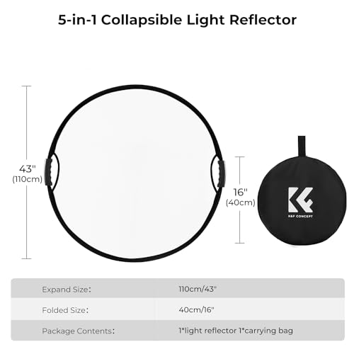 K&F CONCEPT 43''/110cm 5-in-1 Light Reflector with Handle Grip and Bag, Multi Disc Collapsible Portable Photography Diffuser Gold, Silver, White, Black, Translucent for Studio and Outdoor Lighting - size: 43 inches (110 cm)