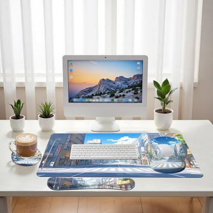 Anime Tokyo Desk Mat Set Summer City Large Mouse Pad with Wrist Rest 4in1 Desk Mat for Desktop Ergonomic Keyboard Wrist Support Anti-Slip Computer Ergonomic Mouse Pad Home Office Gaming - color: Anime Tokyo
