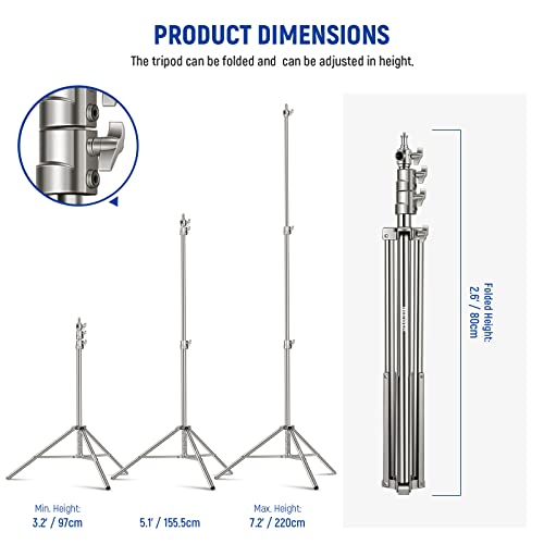 NEEWER 7.2ft/2.2m Stainless Steel Light Stand, Spring Cushioned Heavy Duty Photography Tripod Stand with 1/4” to 3/8” Screw Adapter for Strobe,LED Video Light,Ring Light, Monolight, Softbox - style: ST-220SS