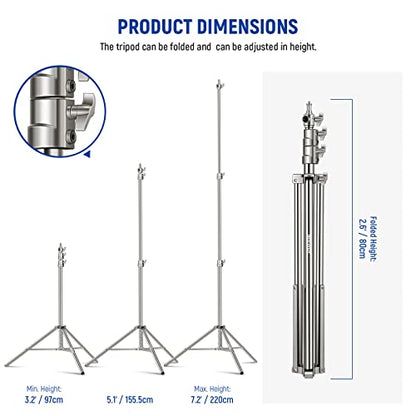 NEEWER 7.2ft/2.2m Stainless Steel Light Stand, Spring Cushioned Heavy Duty Photography Tripod Stand with 1/4” to 3/8” Screw Adapter for Strobe,LED Video Light,Ring Light, Monolight, Softbox - style: ST-220SS