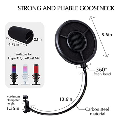 SUNMON Mic Pop Filter with Windsrceen Foam Cover,Compatible with HyperX QuadCast,6 Layered Wind Pop Screen with Flexible 360° Gooseneck Clip Stabilizing Arm for Improve sound quality,Noise reduction