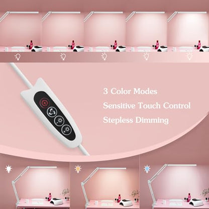 LED Desk Lamp, Manicure Table Lamp, 16" Lamp Head, Dimmable Eye-Caring Drafting Light with 3 Color Modes, 10 Brightness Levels & Adapter, Memory Function(White) - color: White