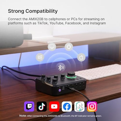 NearStream Audio Interface for Recording, Streaming, Podcasting, Rechargeable Audio Mixer with Pro-preamp, 8 Channel, XLR, 48V Phantom Power, Line & DI Inputs, Bluetooth, for PC & Smartphone (AMIX20B)