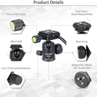 Ball Head with Handle ARTCISE Camera Tripod Ball Head with Two Quick Release Plates and Phone Clip for Monopod, 360 Degree Panoramic Head for Tripod, Monopod, Slider, DSLR Camera，Max Load 22lb/10kg