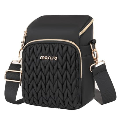 MOSISO Camera Bag, Small Dual Access Crossbody Shoulder Bag for Mirrorless/Digital Cameras, Wheat Ear Quilted Padded Camera Case with Rain Cover, Photography Purse for Canon/Nikon/Sony, Black