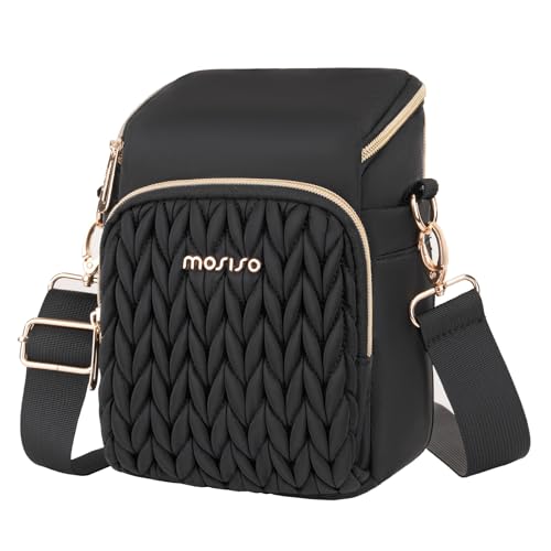MOSISO Camera Bag, Small Dual Access Crossbody Shoulder Bag for Mirrorless/Digital Cameras, Wheat Ear Quilted Padded Camera Case with Rain Cover, Photography Purse for Canon/Nikon/Sony, Black