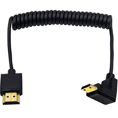 Duttek Coiled Mini HDMI to HDMI 90 Degree Cable 1 FT-4 FT, Ultra-Thin Down Angled HDMI Male to Mini HDMI Male Coiled Cable Support 4K Ultra HD, 1080p, 3D - size: Down Angled 1.2M