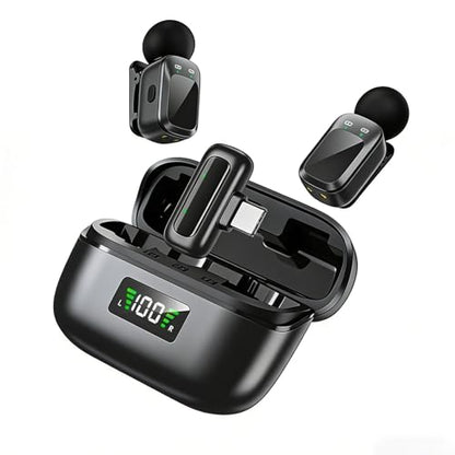 Wireless Clip-on Microphone System - Dual Lavalier Mics for TikTok, Vlog, Live Streaming, Interview, Compatible with Phone/Camera/PC, Auto Pairing, 8H Playtime per Mic