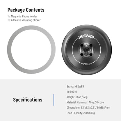 NEEWER Magnetic Phone Tripod Mount Adapter with Adhesive Magnetic Ring Compatible with MagSafe iPhone 15 Pro Max 15 Plus 14 13 12, 1/4" Thread for iPhone Video Recording Selfie Stick Ring Light, PA010 - style: PA010(1 Pack) w/Magnetic Ring