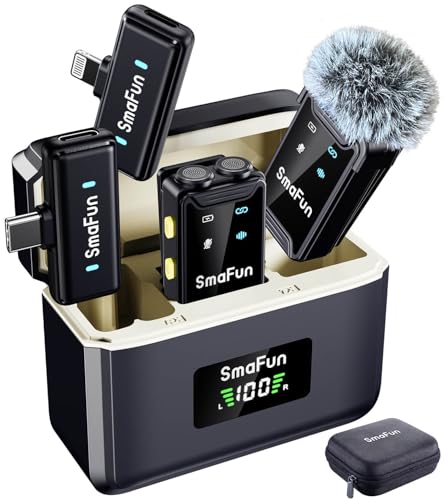Wireless Microphone for iPhone Android, SmaFun TwinCast S2 Lavalier Microphone, 2 Mics 2 Receivers with Lightning USB-C, Noise Cancelling Clip On Mic, 48H Charging Case, 328FT for Video TikTok YouTube - size: 2TX2RX ChargingCase