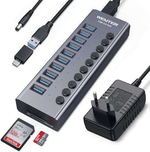 Powered USB 3.0 Hub, Wenter 10 Ports 36W Powered USB Hub, Aluminum USB Splitter with Individual On/Off Switches, SD/TF Card Readers and 12V/3A Power Adapter for PC/Laptops/MacBook Pro/Air/iMac/iPad - size: Aluminum 10 Ports