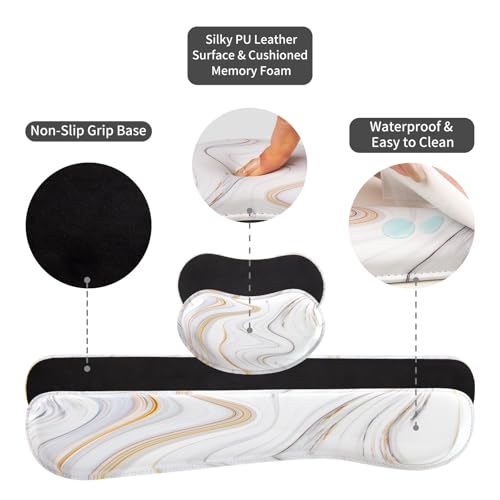 QIYI Leather Desk Mat Set, 4-in-1 Large Mouse Pad with Ergonomic Wrist Rest, Waterproof Desk Pad + Keyboard Wrist Rest + Mouse Wrist Support+Coaster, Non-Slip Office Gaming Accessories, Marble Stripes - color: White Marble Stripes