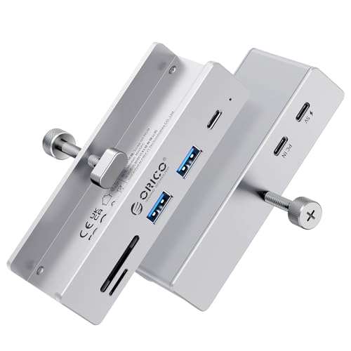 ORICO USB Hub 3.2, Clamp USB-Hub with Extra Power Supply Port, 10Gbps Aluminum 5-Port USB Extender with 2 USB-A 3.2 Ports, USB-C 3.2, SD/TF Card Reader 3.0, USB-3.2 Splitter for Monitor, Desk - color: Silver