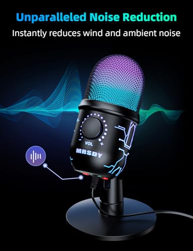 MRSDY USB Gaming Microphone for PC with Noise Reduction, Mute, Gain, RGB | Condenser Mic, Headphone Jack, Suitable for PC, Computer, PS4, PS5, Mac, Streaming, Podcasting, Recording, YouTube, Discord