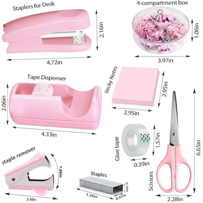 Pink Office Desk Accessories, Pink Office Supplies Set, Desk Drawer Organizer,Stapler and Tape Dispenser Set,Tape,Staple Remover, Staples, Paper Clips, Scissor and Sticky Note - color: Pink