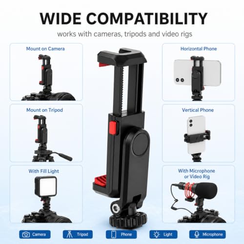Universal Cell Phone Tripod Mount Adapter,360 Rotation for Camera,Camera Phone Mount,Hot Shoe Phone Mount,Phone Holder for Camera,Cold Shoe Phone Mount for Canon Nikon Sony DSLR Phone
