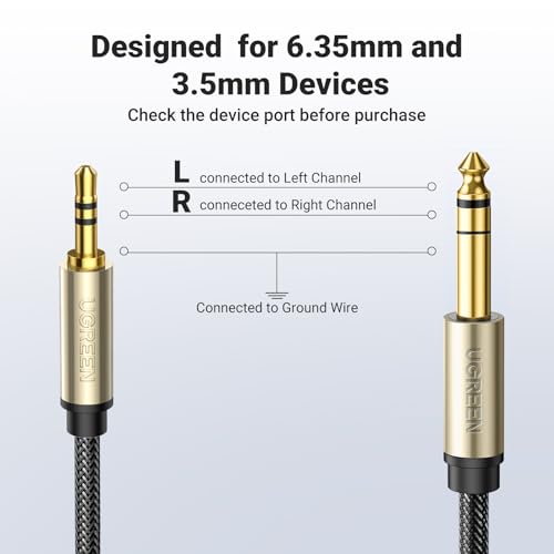 UGREEN 1/8 to 1/4 Stereo Cable 3.5mm TRS to 6.35mm Audio Cable Guitar to Aux Male Cord with Zinc Alloy Housing and Nylon Braid for Guitar, Laptop, Home Theater Devices, Speaker and Amplifiers 6.6FT - size: 6.6FT