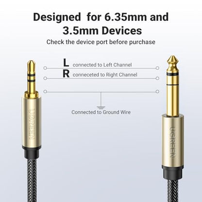 UGREEN 1/8 to 1/4 Stereo Cable 3.5mm TRS to 6.35mm Audio Cable Guitar to Aux Male Cord with Zinc Alloy Housing and Nylon Braid for Guitar, Laptop, Home Theater Devices, Speaker and Amplifiers 16FT - size: 16FT