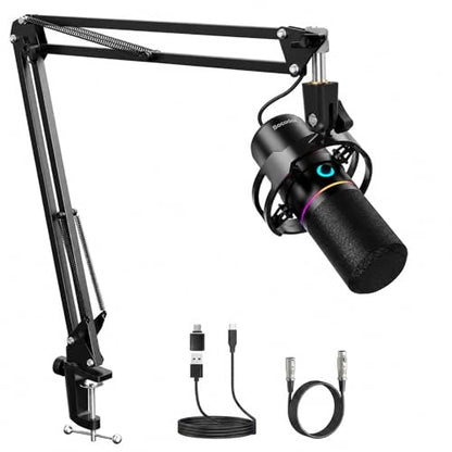 XLR/USB Gaming Microphone with Boom Arm, Dynamic Microphone with One-Touch Mute, Gain Control & Headphone Jack, RGB Podcast Microphone for Streaming, Recording, Vocal