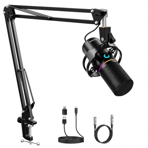 XLR/USB Gaming Microphone with Boom Arm, Dynamic Microphone with One-Touch Mute, Gain Control & Headphone Jack, RGB Podcast Microphone for Streaming, Recording, Vocal
