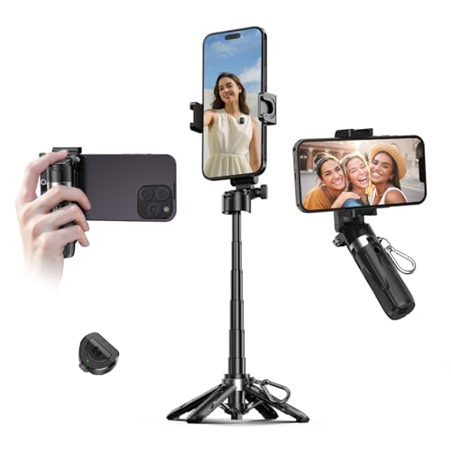 Portable 3-in-1 Selfie Stick Tripod Grip with 2 Cold Shoe Mounts – Compact Extendable Phone Holder & Bluetooth Remote for iPhone Android – Pocket-Sized Tool for Vlogging, Live Streaming & Photography - color: Black, style: Regular model
