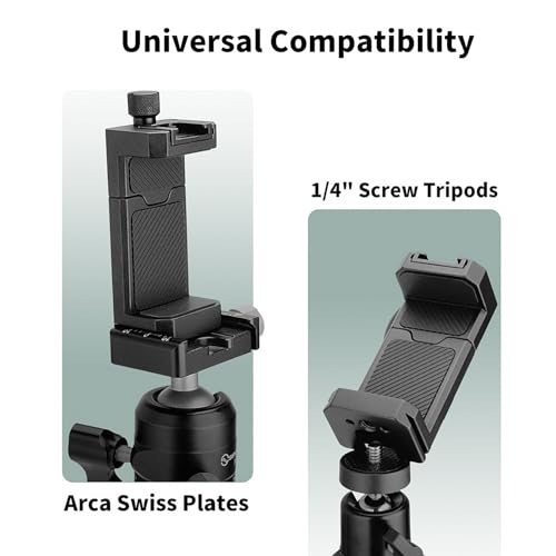Aluminum Phone Tripod Mount with Cold Shoe & ARCA-Swiss Quick Release, Adjustable Smartphone Clamp with 1/4" Thread, Universal Phone Holder for iPhone 17/16/15/14/13, Samsung, Vlogging, Filming