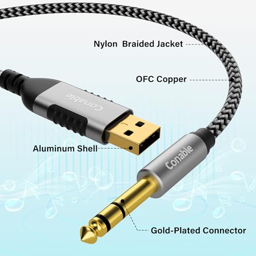 USB to 6.35mm TRS Stereo Audio Cable 10 FT, USB-A to 1/4" Audio Adapter Aux Jack Stereo Cord, Gold-Plated Connector, Nylon Braided Jacket, DAC Chip, for Laptop, Amplifier, Mixer, Home Theater, Speaker - size: 10FT