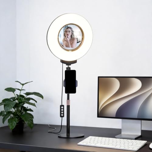 Desk Ring Light with Mirror & Stand, 4" HD Makeup Mirror 360° Rotatable,10W Dimmable LED Desk Lamp with Phone Holder & Stand,for Live Streaming,Makeup,Video,Zoom Call,Vlogging,TikTok