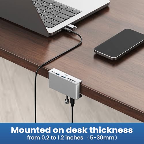 EJAY Clamp USB Hub Desk Mount, 5-in-1 Aluminum Mountable USB C Hub with SD/TF Card Reader, 59" Long Cable Under Desk USB Hub for iMac, MacBook, Floor PC, 5Gbps Desktop Hub, Silver - color: Silver