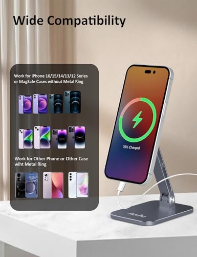 Aoviho Magnetic Phone Stand for MagSafe Adjustable - Aluminum Portable Phone Holder for Desk with 360° Rotating Head Compatible with iPhone 16/15/14/13/12 Pro Max and Magnetic Phone Case, Grey - color: Grey