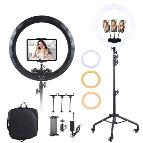 Large Ring Light with Stand for iPhone iPad, 19" Professional Ring Light Tripod with Wheels, 3 Phone Holders & 1 iPad Holder, Big Ringlight Rolling for Photography, YouTube, TikTok, Video Recording - size: 19inch White