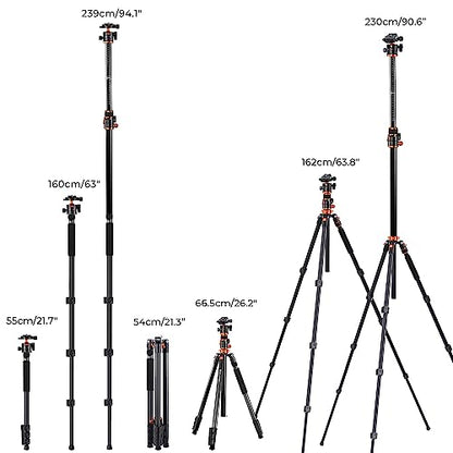 K&F CONCEPT 90''/230cm Ultra High Camera Tripod T254A7+BH-28L | Horizontal Overhead Shooting, Metal Ball Head, 10KG Load Capacity, Detachable Monopod, Flexible Travel Tripods - size: T254A7+BH-28L