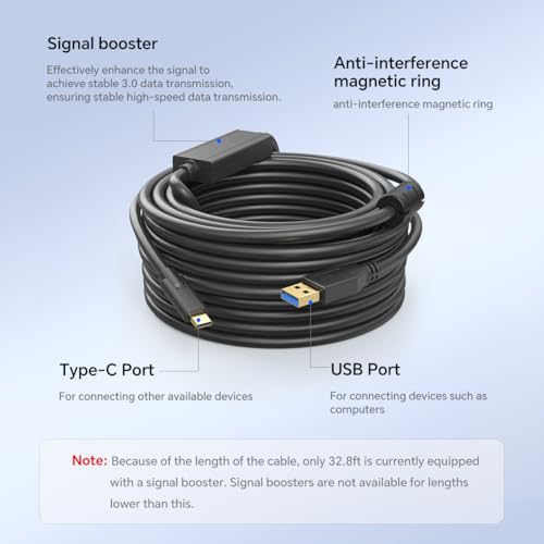 32ft USB-A to USB-C High-Speed Data Transfer Cable with Dual Magnetic Rings – Camera Connection Cable with Signal Boosting, Compatible with Hard Drives, Canon, Sony, Fujifilm, Nikon DSLR Cameras - color: Black, size: 32.8ft