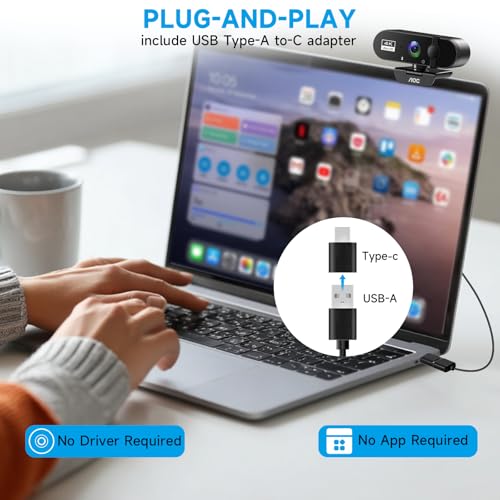 AOC 4k Webcam for PC with Microphone, Computer Camera with Noise Cancellation, Privacy Cover, 99° FOV, Plug & Play USB Webcam for Streaming, Conferencing, Zoom, Skype, Facetime, Laptop, PC, Skype - color: Black