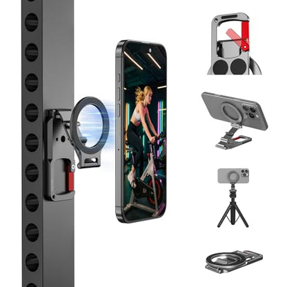 Magnetic Phone Mount for MagSafe, Maglock Tripod Adapter Magnet Golf Gym Workout Stand Metal Carabiner Dual Holder with 1/4 Screw Hole, for iPhone 17 16 15 14 13 Series Foldable Portable Accessories