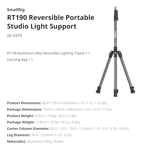 SMALLRIG 74.8"/ 6.23 ft Adjustable Light Stand Photography, Max Load 8.8 lb, Compact Lighting Tripod Stand for Softbox, Flashlights, Ring Light, LED Video Lights, COB Light, Folded Size 16.5" - 5475