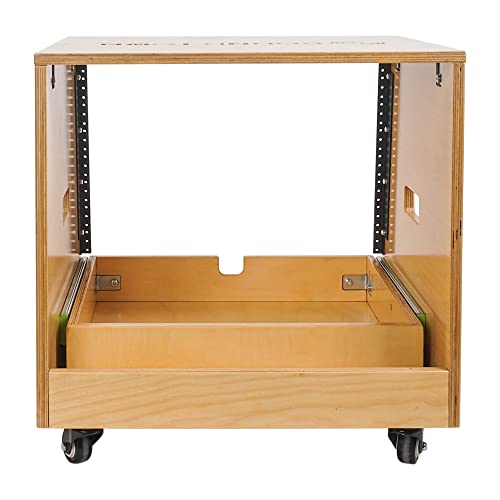 Sound Town 8U DIY Solid Baltic Birch Plywood Slanted Studio Rack with 8U Rack Space, Extra 2U Drawer, Rubber Feet, Casters, Golden Oak (SDRK-8TD2) - size: 8U, Golden Oak, Slanted w/ Drawer