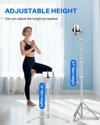 67" Phone Tripod, MIIASI Extendable Tripod for iPhone, Selfie Stick with Remote and Phone Holder, Compatible with iPhone/Android/Camera, Light Stand - color: Silver