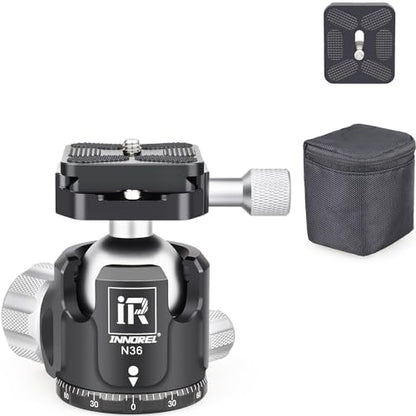 Low Profile Tripod Ball Head-INNOREL N36, Panoramic CNC Metal Camera Tripod Ball Head with Two 1/4" Screw Arca Swiss Quick Release Plates for Tripod,Monopod,DSLR,Camcorder, Max Load 44lbs/20kg - size: N36-Sliver