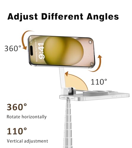 TONEOF 68" Magnetic Selfie Stick Tripod with Aluminum Strong Magnetic Holder for Magsafe, 360° Rotatable Travel Phone Tripod Stand with Metal Ring & Rechargeable Remote for iPhone/Android（White） - color: White