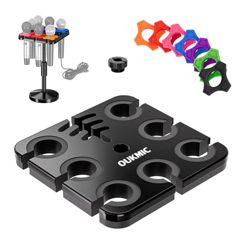 Multi Microphone Holder with Desktop Mic Stand, Square Tray with Cable Slots Holds Up to 7 Mics, Wired and Wireless Mic Holder for Stage Organizer and Display-7 Anti-roll Rings Included